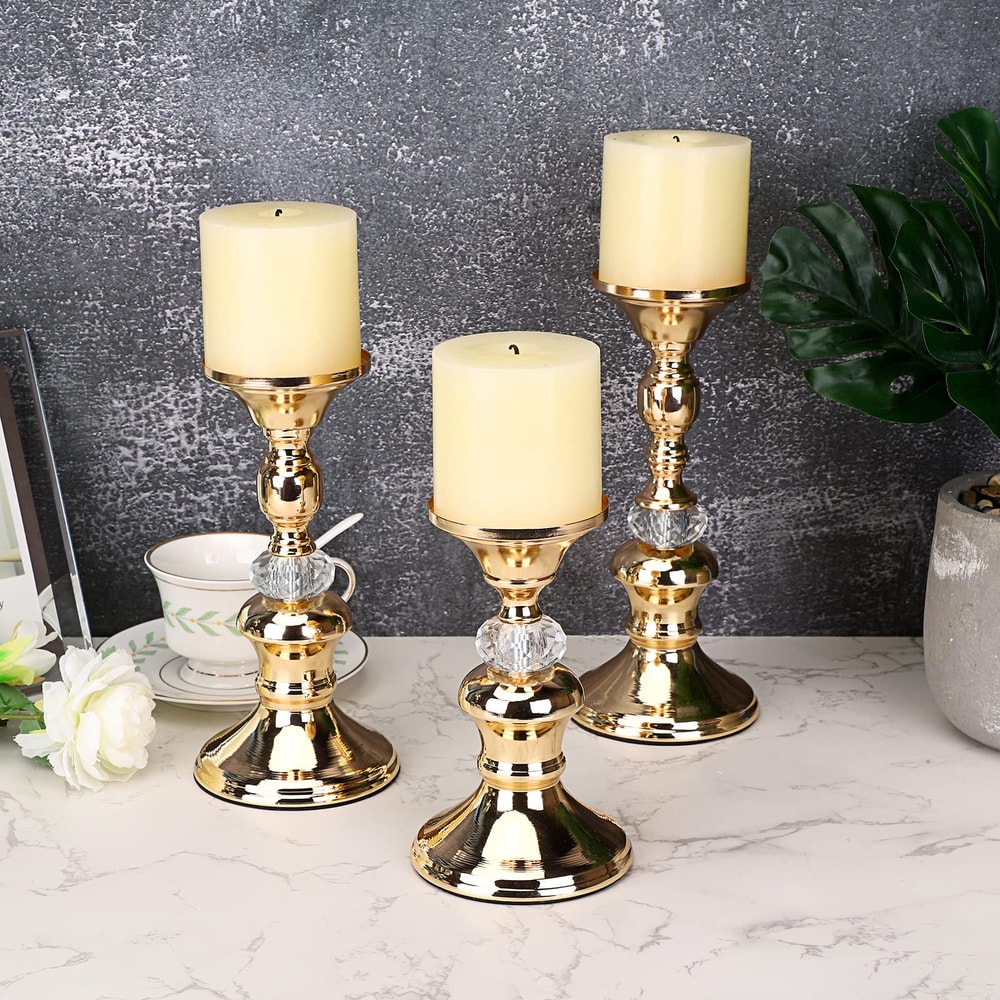 Vintage Gold Metal Pillar Candle Holders Elegant Crystal Pillar Candle Stands 3