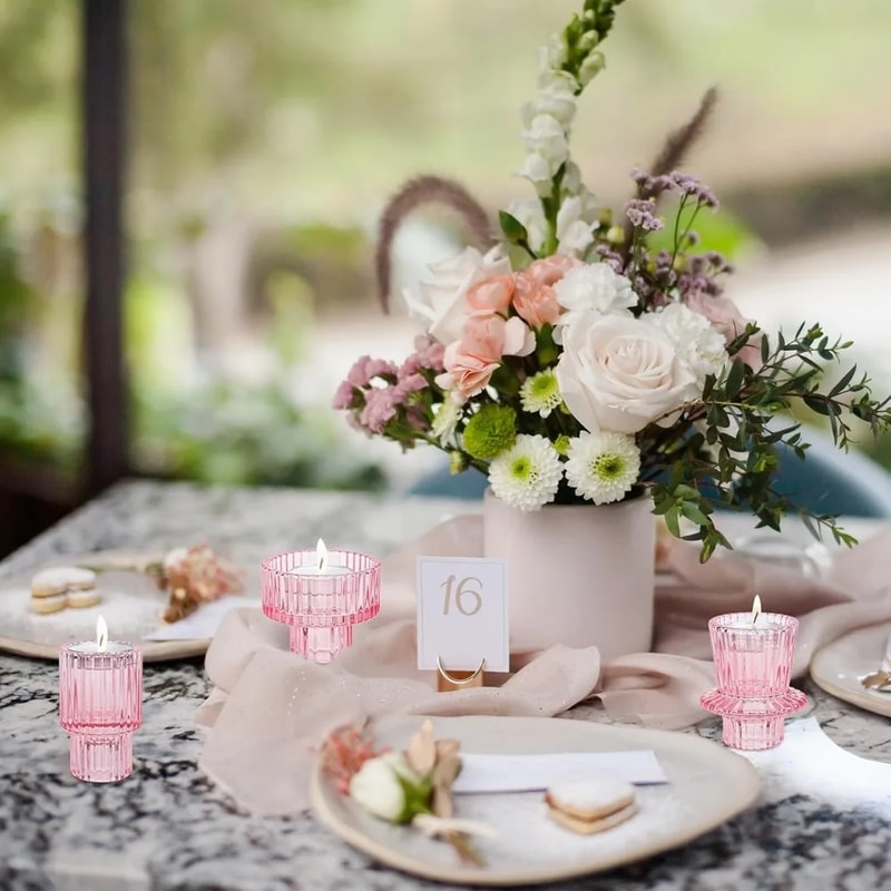 Short Small Glass Taper Candle Holder Set Ribbed Votive Candlestick Holder For Wedding Decor Table 5