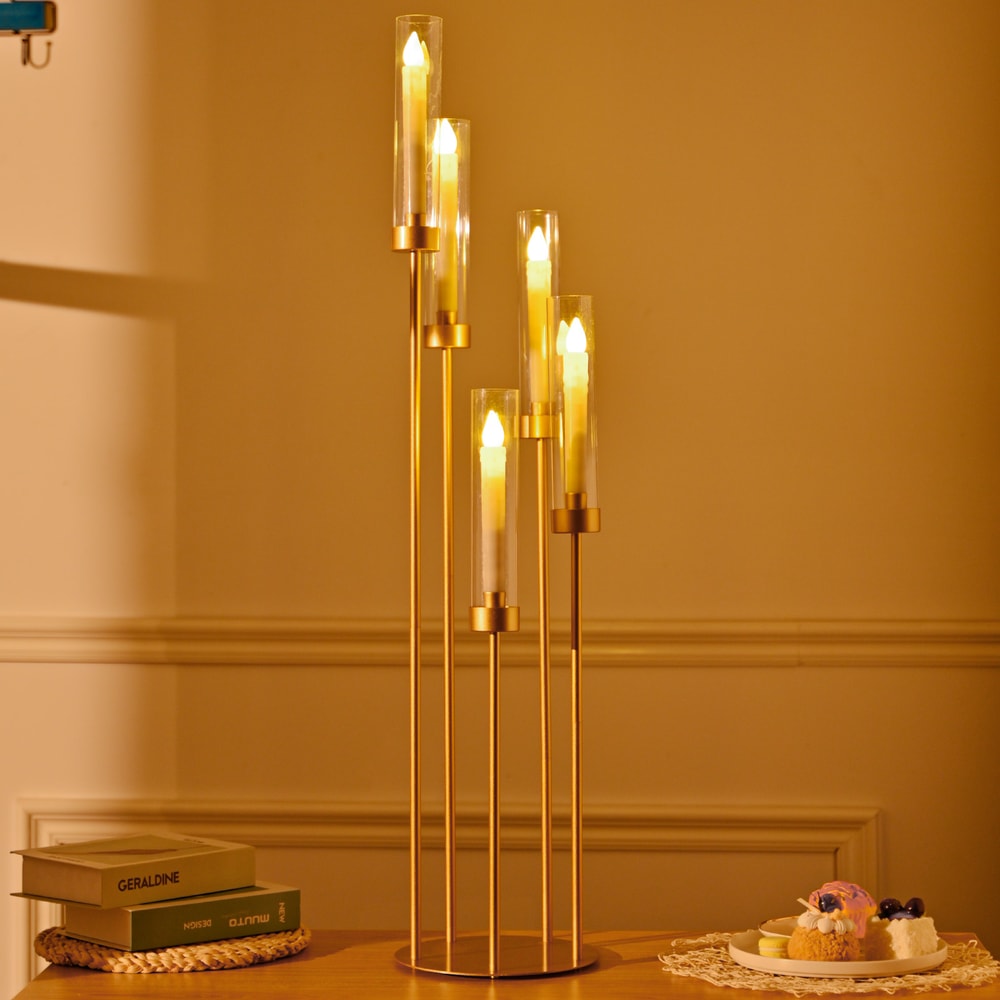 Gold Floor Candelabra Tall Floor Candle Holder with Acrylic Lampshade for Wedding Table Birthday Party