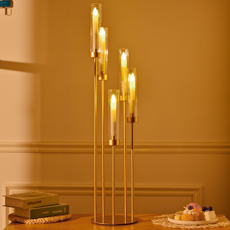Gold Floor Candelabra Tall Floor Candle Holder with Acrylic Lampshade for Wedding Table Birthday Party
