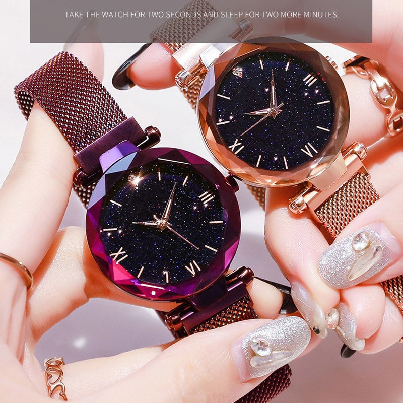 Women Dress Clock Diamond Quartz Watch Starry Sky Mesh Belt Magnet Buckle Watch 1
