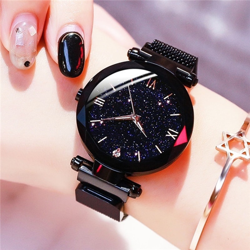 Women Dress Clock Diamond Quartz Watch Starry Sky Mesh Belt Magnet Buckle Watch 5