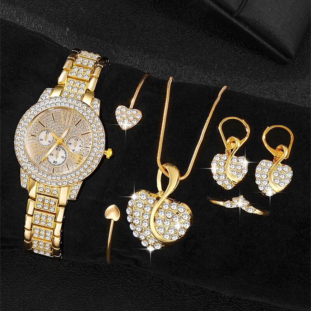 Gold Luxury Womens Quartz Watch Jewelry Set Ring Necklace Earring Rhinestone Fashion Wristwatch Cas 0