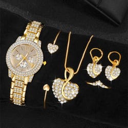 gold luxury women's quartz watch jewelry set ring necklace earring rhinestone fashion wristwatch casual ladies watches