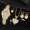 Gold Luxury Womens Quartz Watch Jewelry Set Ring Necklace Earring Rhinestone Fashion Wristwatch Cas 0