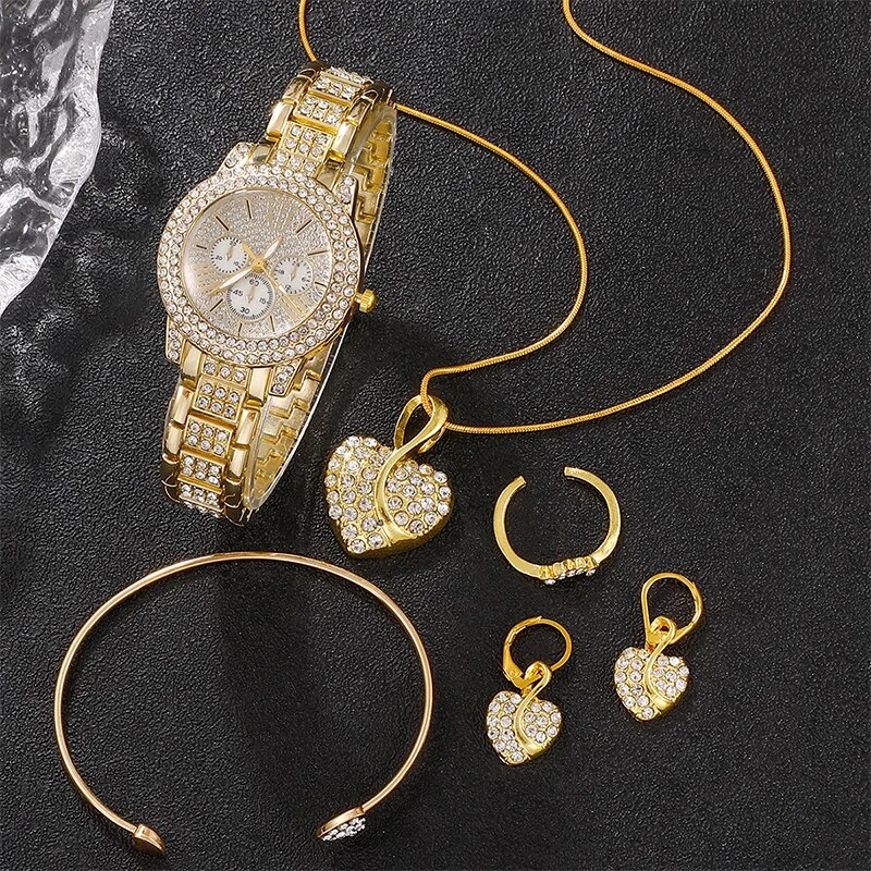 Gold Luxury Womens Quartz Watch Jewelry Set Ring Necklace Earring Rhinestone Fashion Wristwatch Cas 5