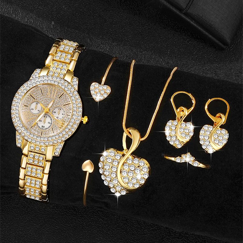 Gold Luxury Womens Quartz Watch Jewelry Set Ring Necklace Earring Rhinestone Fashion Wristwatch Cas 3