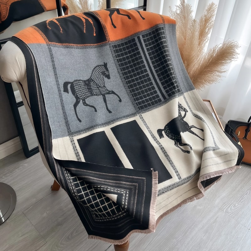 Warm Cashmere Scarf For Women Horse Print Luxury Pashmina Shawl Poncho Blanket Wrap Thick Foulard 1