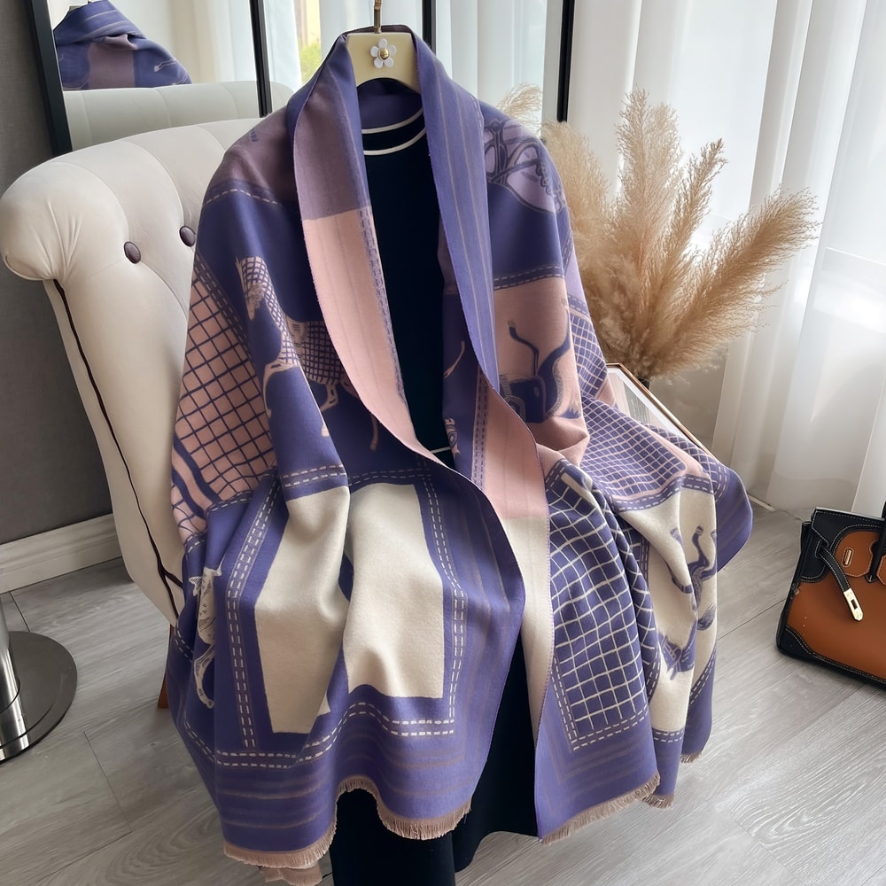 Warm Cashmere Scarf For Women Horse Print Luxury Pashmina Shawl Poncho Blanket Wrap Thick Foulard 4