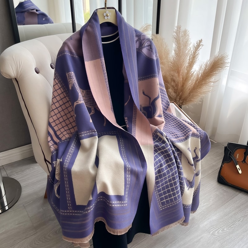 Warm Cashmere Scarf For Women Horse Print Luxury Pashmina Shawl Poncho Blanket Wrap Thick Foulard 4