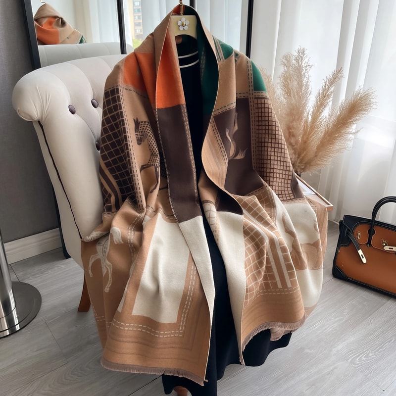 Warm Cashmere Scarf For Women Horse Print Luxury Pashmina Shawl Poncho Blanket Wrap Thick Foulard 5