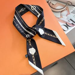 women's french elegant black and white tied handle bag with small silk scarf and double-sided twill ribbon headband