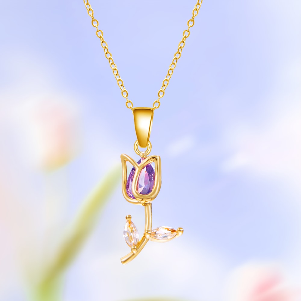 Elegant Stainless Steel Clavicle Chain Light Luxury Zircon Tulip Flower Pendant Necklace For Women 10