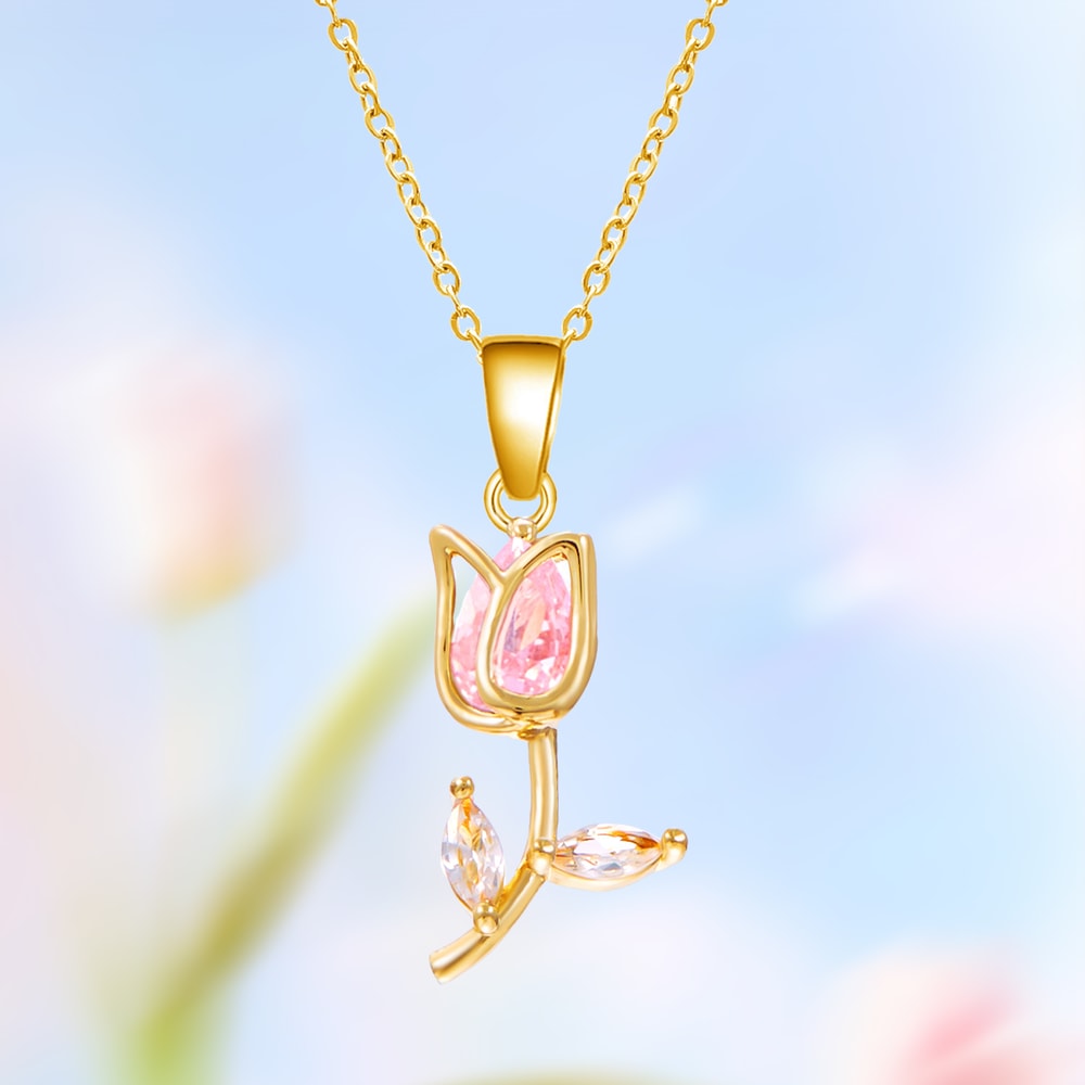 Elegant Stainless Steel Clavicle Chain Light Luxury Zircon Tulip Flower Pendant Necklace For Women 8