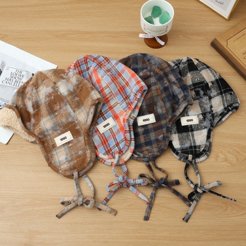 Plaid Unisex Ski Caps Thickened Warm Pilot Hat Windproof Bomber Hat