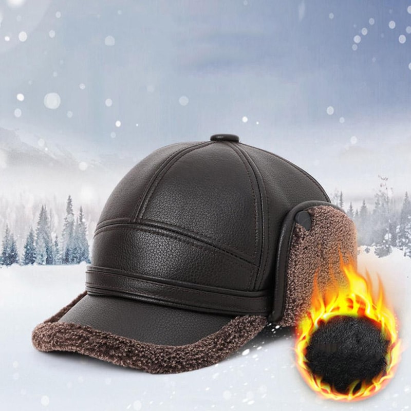 Mens Winter PU Leather Baseball Cap With Earflaps Warm Bomber Hat Windproof Keep Warm Elderly Dad C 0