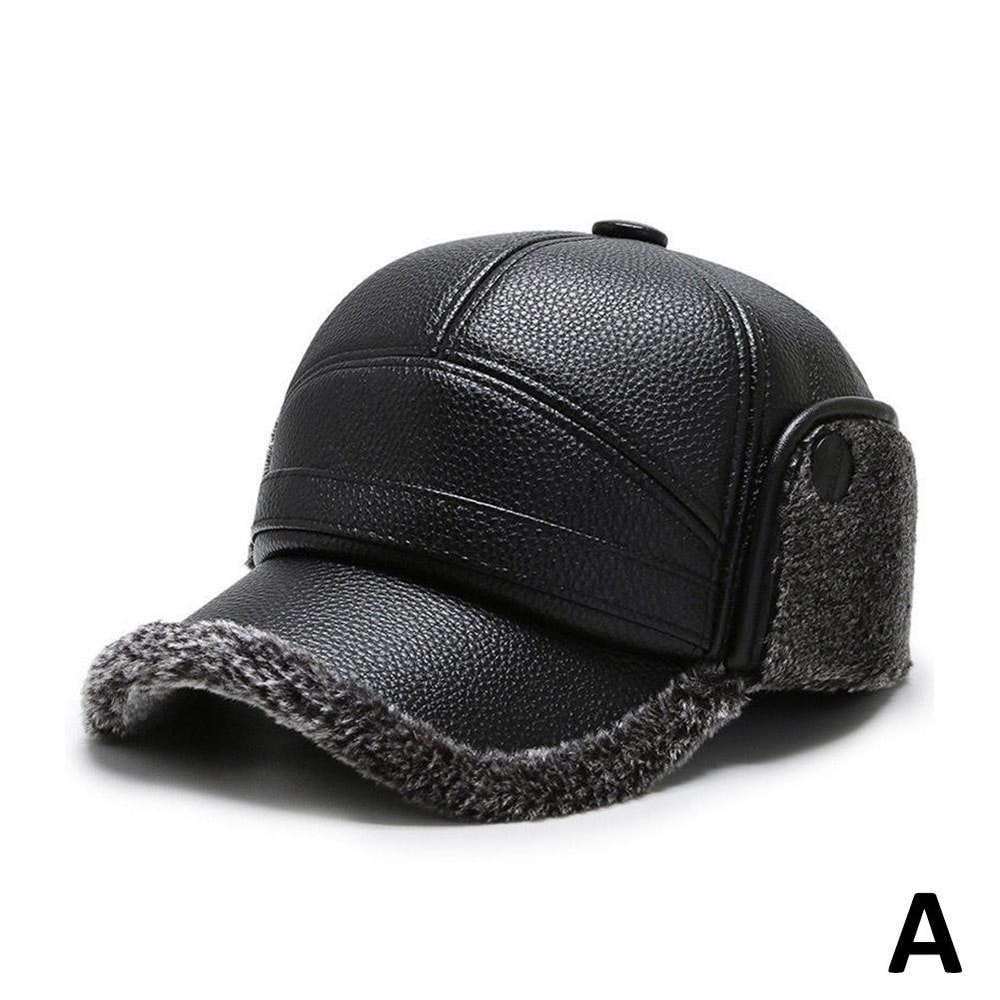 Mens Winter PU Leather Baseball Cap With Earflaps Warm Bomber Hat Windproof Keep Warm Elderly Dad C 4