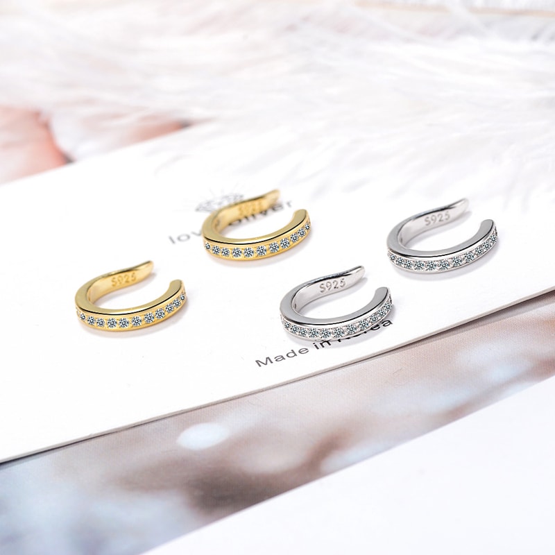 Sterling Silver Fashion Fine C Shape Zircon No Hole EarCuff Earrings Women Men Punk Rock Rhinestone 4