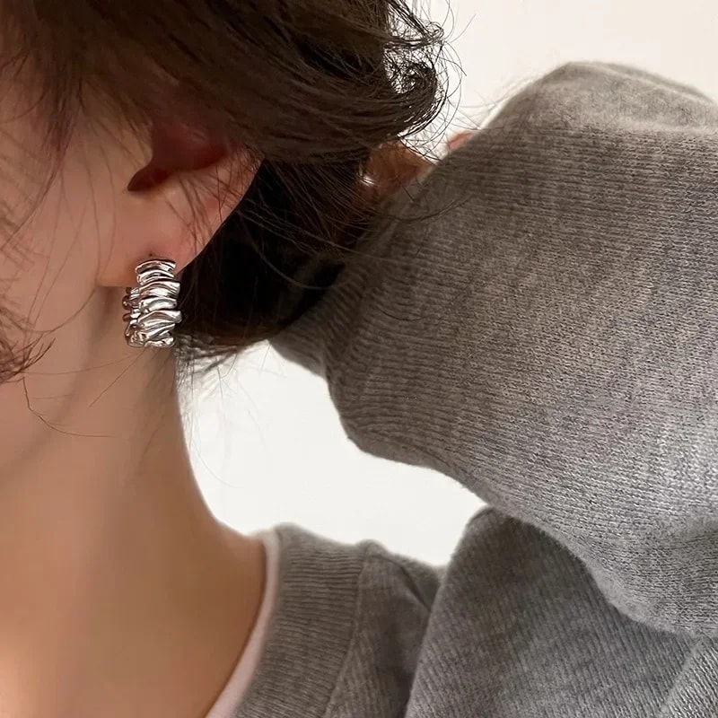 Irregular Wavy Pleated Hoop Earrings For Women Charm Gold Plated Stainless Steel Dangle Jewelry Per 3