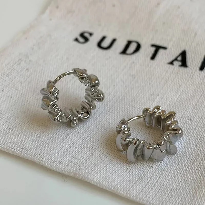 Irregular Wavy Pleated Hoop Earrings For Women Charm Gold Plated Stainless Steel Dangle Jewelry Per 6