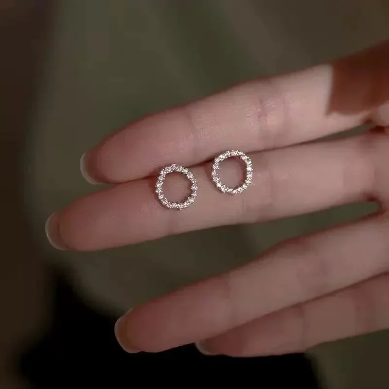 Gold Color Delicate Small Circle Stud Earrings, Crystal Jewelry, Minimalist Korean Fashion Accessories for Women