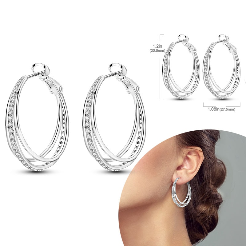 Hypoallergenic Sterling Silver Hoops Earrings with Zirconia, High Quality Jewelry for Women and Girls, Fashion Hoop