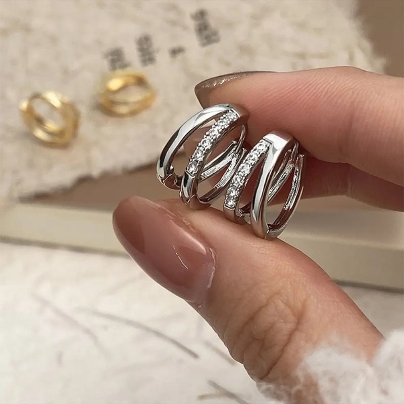 Shiny Zircon Double Circle Crossing Hoop Earrings For Women Stainless Steel Geometric Jewelry Gift 3