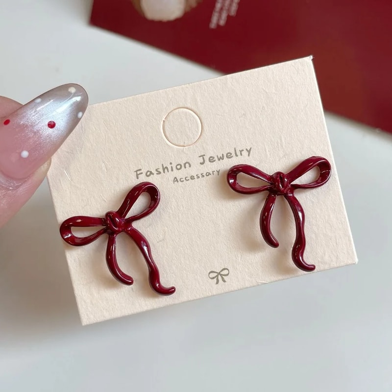 Retro Red Bowknot Stud Earrings for Women Girls Elegant Piercing Aesthetic Ballet Ribbon Jewelry Gift