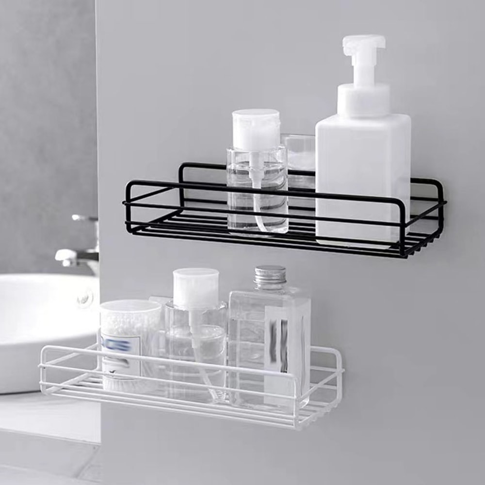 Metal Bathroom Organizer Rack Adhesive Wall Mount Shelf Space-Saving Kitchen Bath Storage System