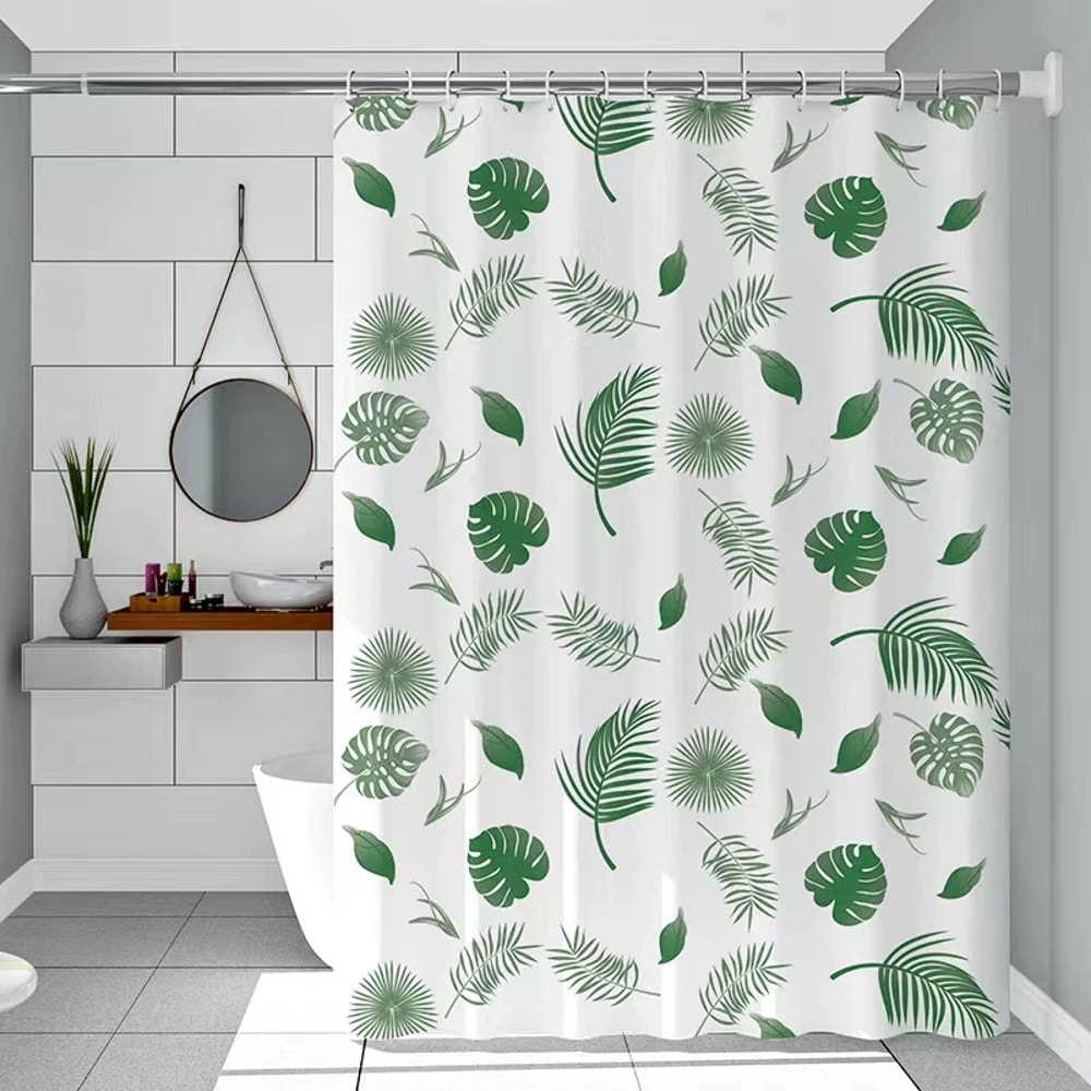 Light Opaque Simple Wind Green Leaves Shower Curtain Quick Dry Scrubable Bath Shielding Partition 0