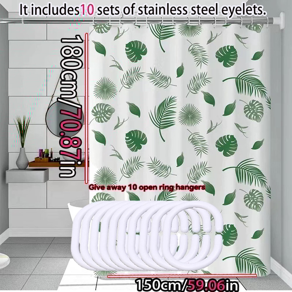 Light Opaque Simple Wind Green Leaves Shower Curtain Quick Dry Scrubable Bath Shielding Partition 3