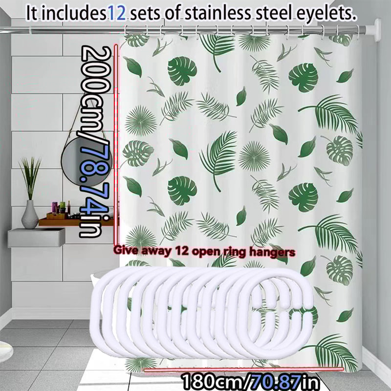 Light Opaque Simple Wind Green Leaves Shower Curtain Quick Dry Scrubable Bath Shielding Partition 1