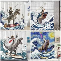 creative funny cat riding dinosaur shower curtain ocean sea waves polyester bathroom decor with hook