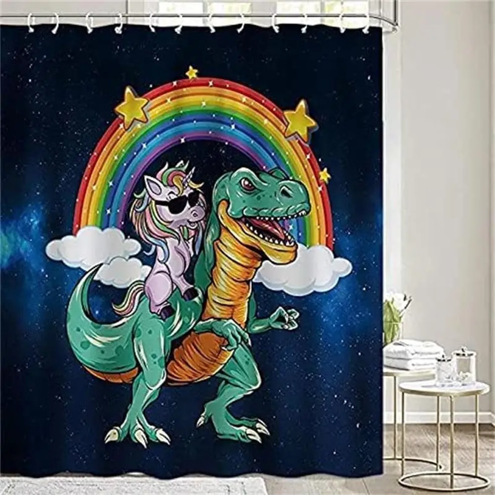 Creative Funny Cat Riding Dinosaur Shower Curtain Ocean Sea Waves Polyester Bathroom Decor With Hoo 3
