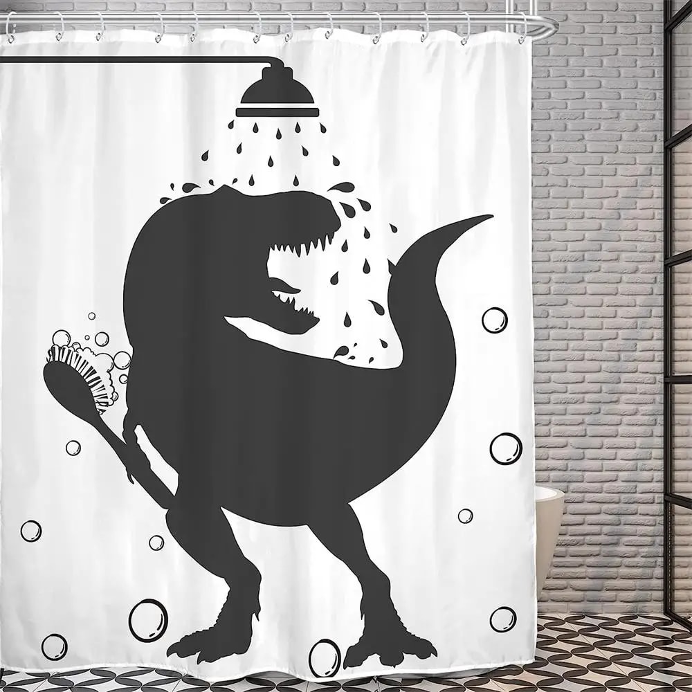 Creative Funny Cat Riding Dinosaur Shower Curtain Ocean Sea Waves Polyester Bathroom Decor With Hoo 4