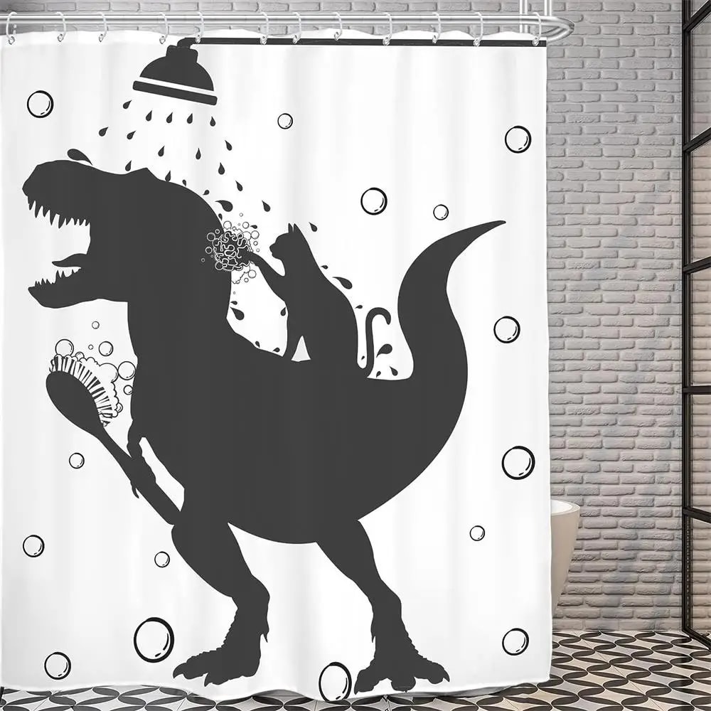 Creative Funny Cat Riding Dinosaur Shower Curtain Ocean Sea Waves Polyester Bathroom Decor With Hoo 5
