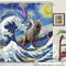 Creative Funny Cat Riding Dinosaur Shower Curtain Ocean Sea Waves Polyester Bathroom Decor With Hoo 6