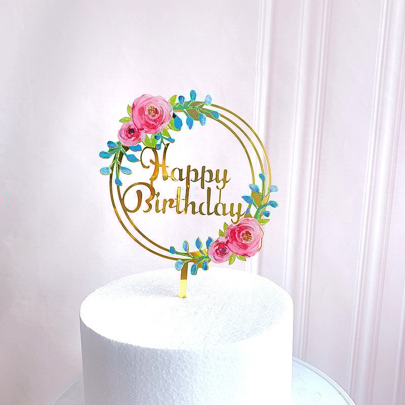 Happy Birthday Flower Color Printed Cake Insert for Baby Shower Party Dessert Decoration