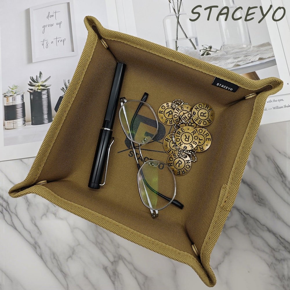 Oxford Fabric Foldable Storage Tray, Khaki Office Desktop Organizer, Ideal for Home Tools and Camping
