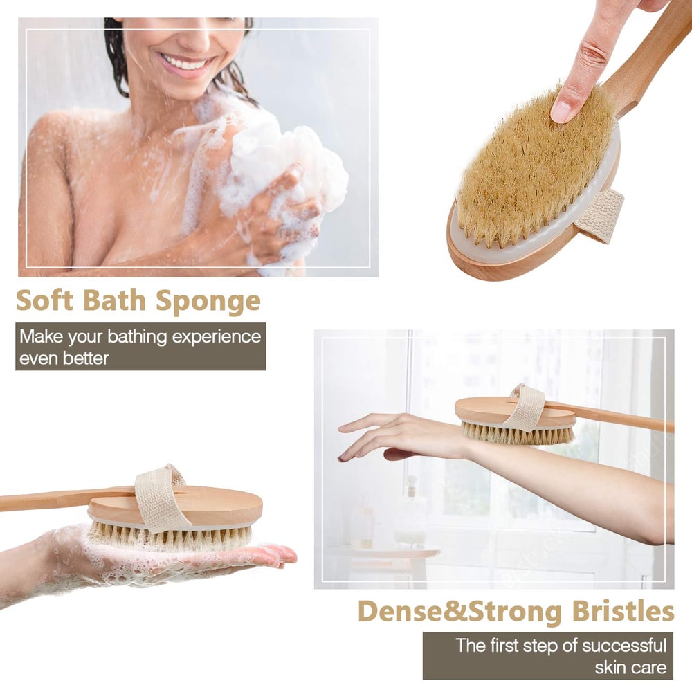 Bamboo Bath Brush With Long Curved Handle Pig Mane Back Scrubber For Massage Cleaning Foldable 4