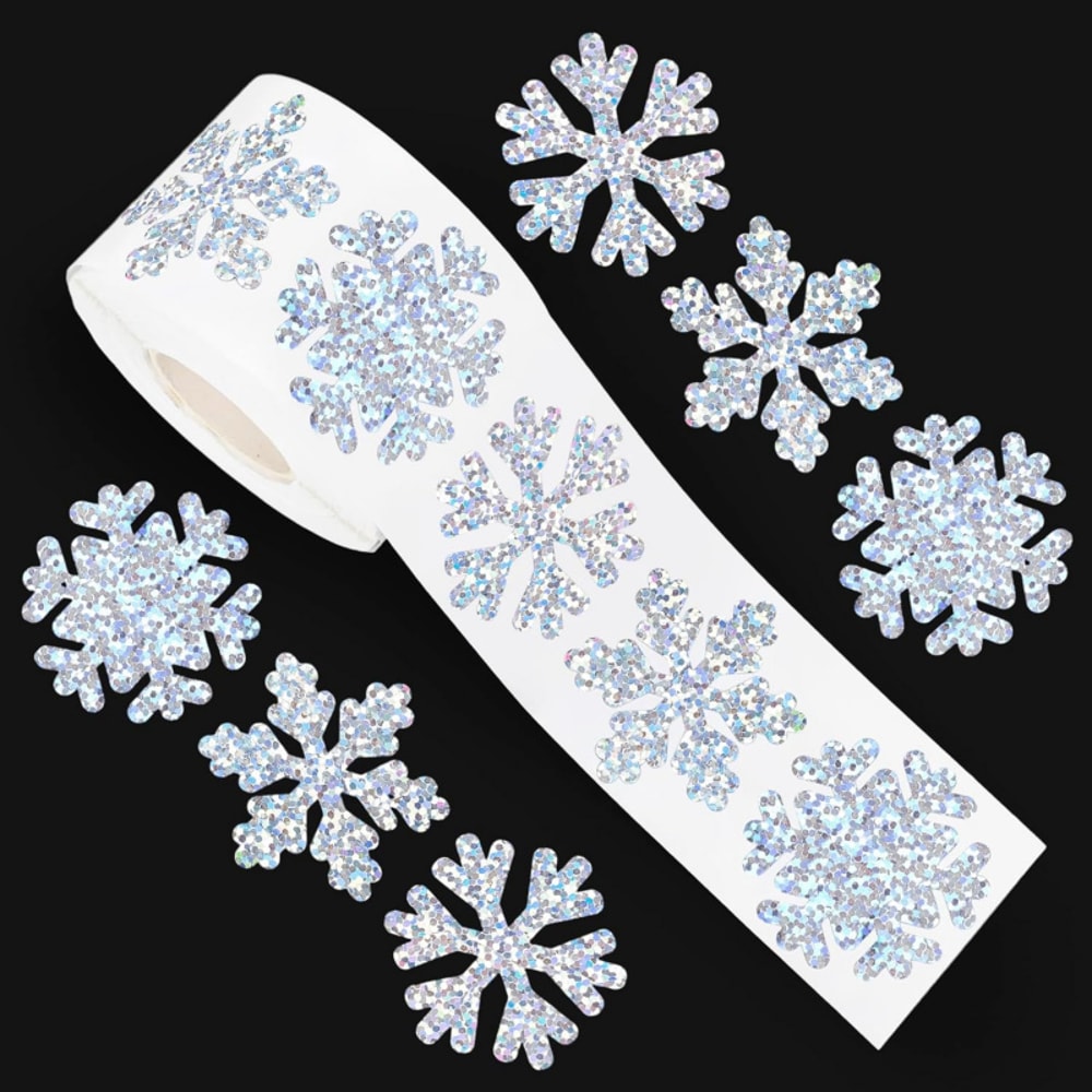 Laser Silver Winter Snowflake Stickers Roll of Christmas Waterproof Self-Adhesive