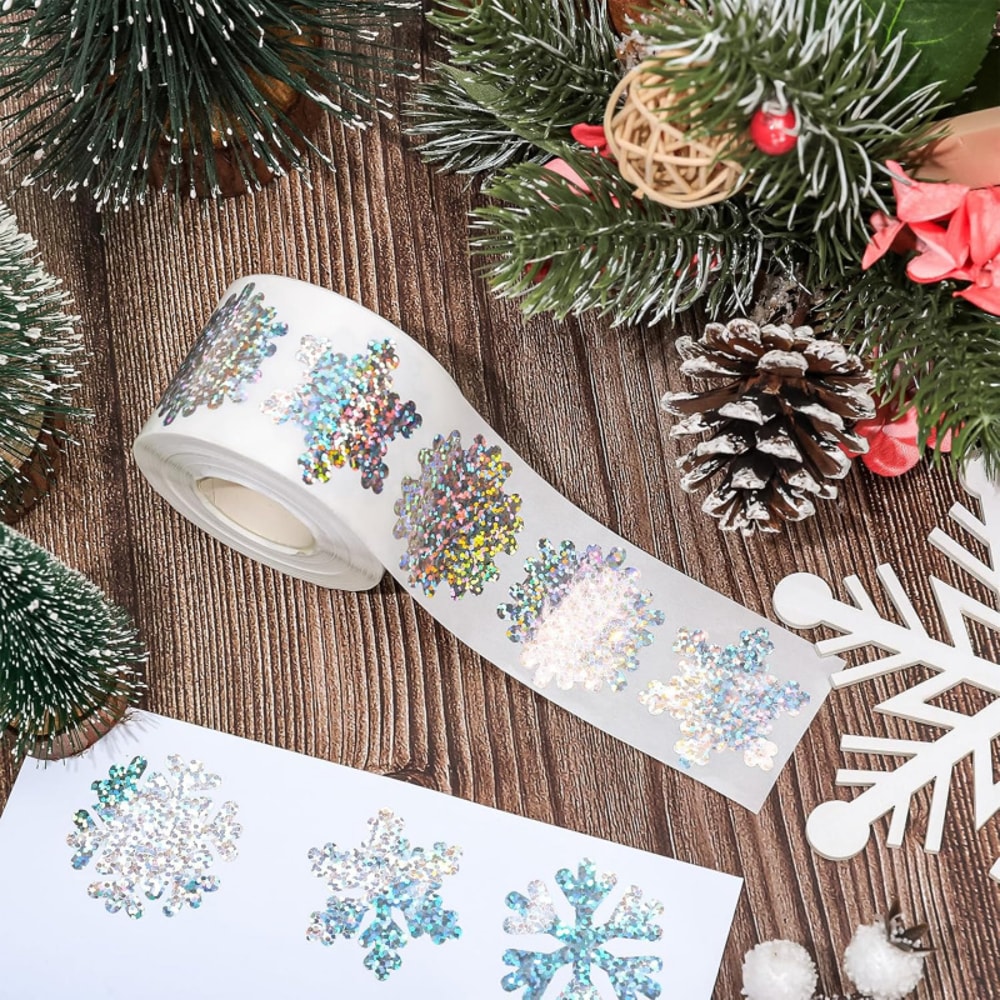 Laser Silver Winter Snowflake Stickers Roll of Christmas Waterproof Self-Adhesive