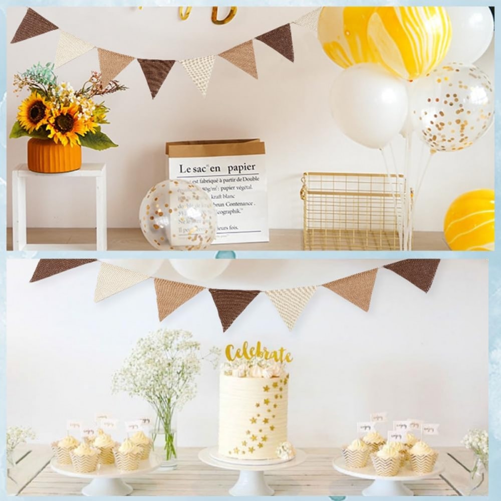 Brown Burlap Pennant Banner Triangle Flags with Coffee Linen Twine String for DIY Celebration Wedding Birthday Party