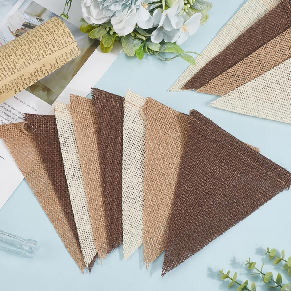 Brown Burlap Pennant Banner Triangle Flags with Coffee Linen Twine String for DIY Celebration Wedding Birthday Party