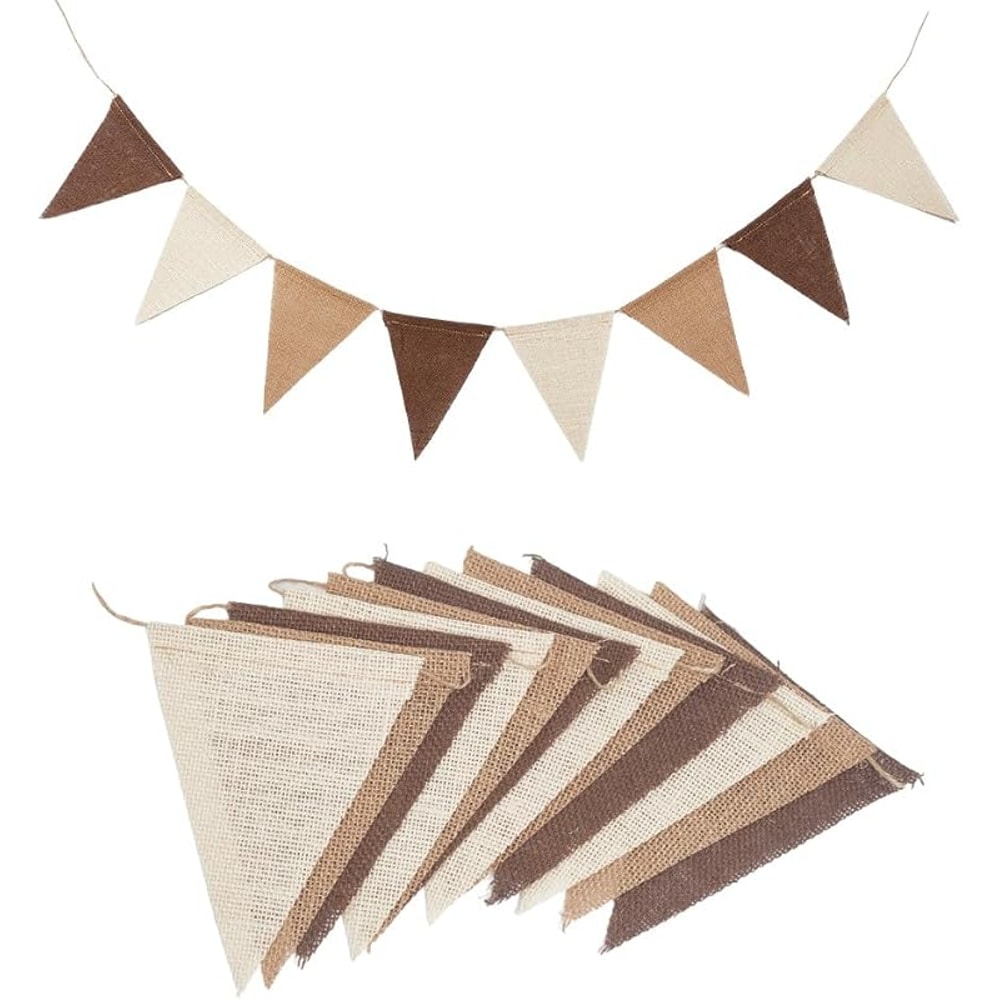 Brown Burlap Pennant Banner Triangle Flags with Coffee Linen Twine String for DIY Celebration Wedding Birthday Party