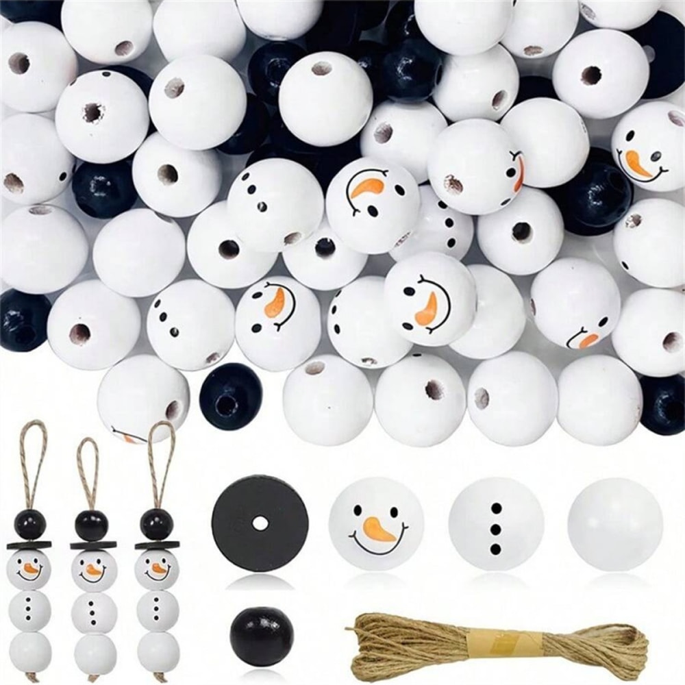DIY Christmas Snowman Wooden Beads Kit Festive Decoration Set With Jute Rope For Holiday Craft Proj 0