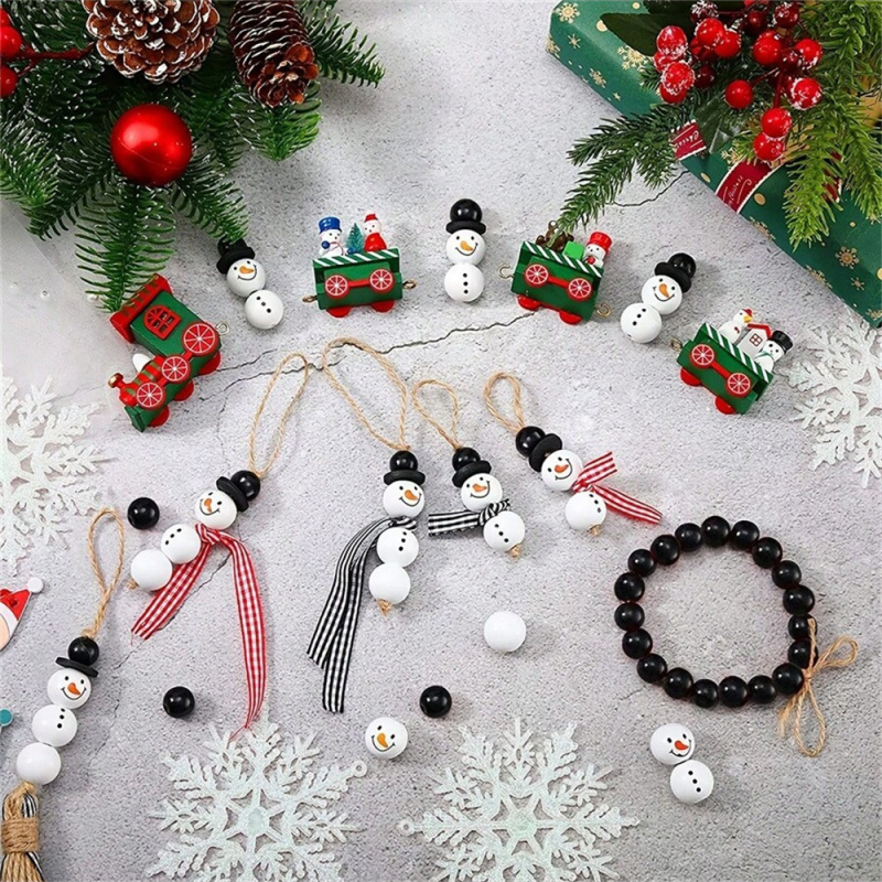 DIY Christmas Snowman Wooden Beads Kit Festive Decoration Set With Jute Rope For Holiday Craft Proj 4