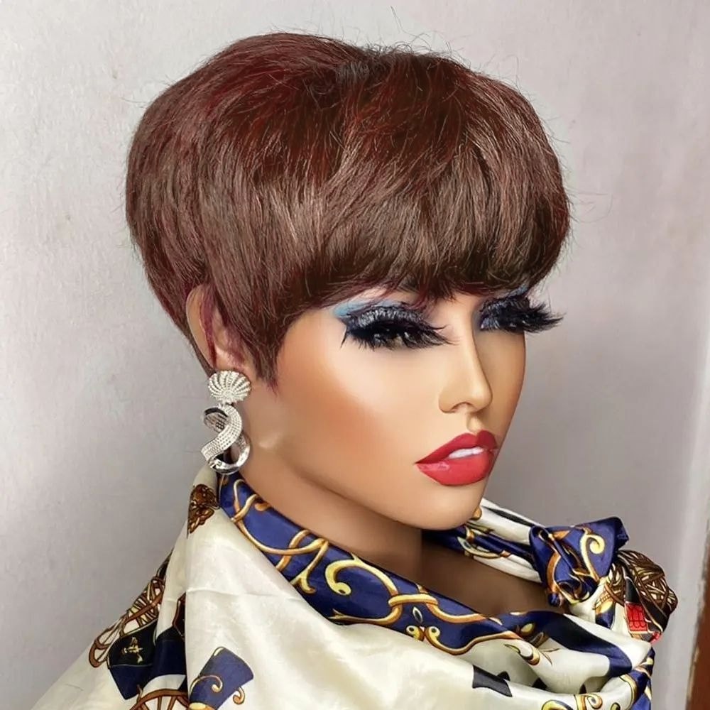 Brown Short Pixie Cut Wig Human Hair For Black Women Machine Made Wigs With Bangs Colored Human Hai 1