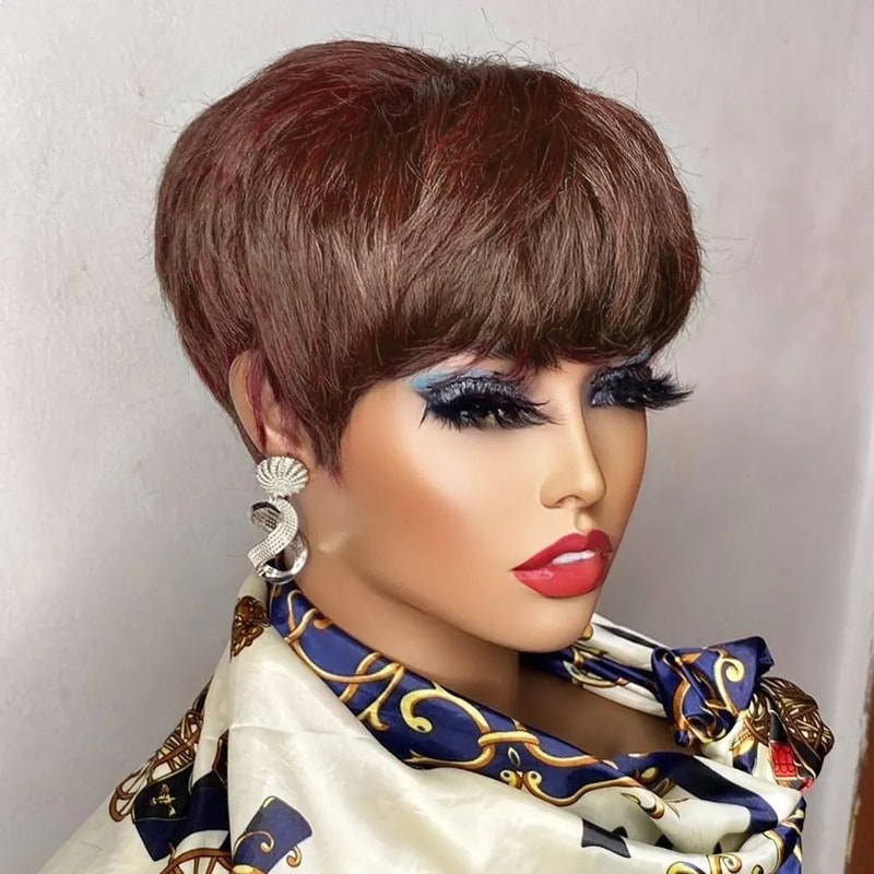 Brown Short Pixie Cut Wig Human Hair For Black Women Machine Made Wigs With Bangs Colored Human Hai 1