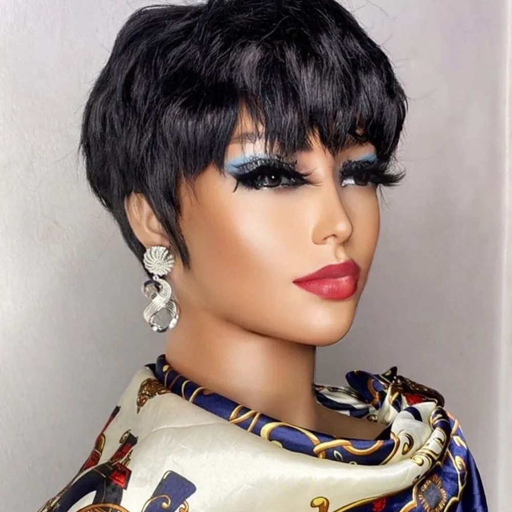 Brown Short Pixie Cut Wig Human Hair For Black Women Machine Made Wigs With Bangs Colored Human Hai 2